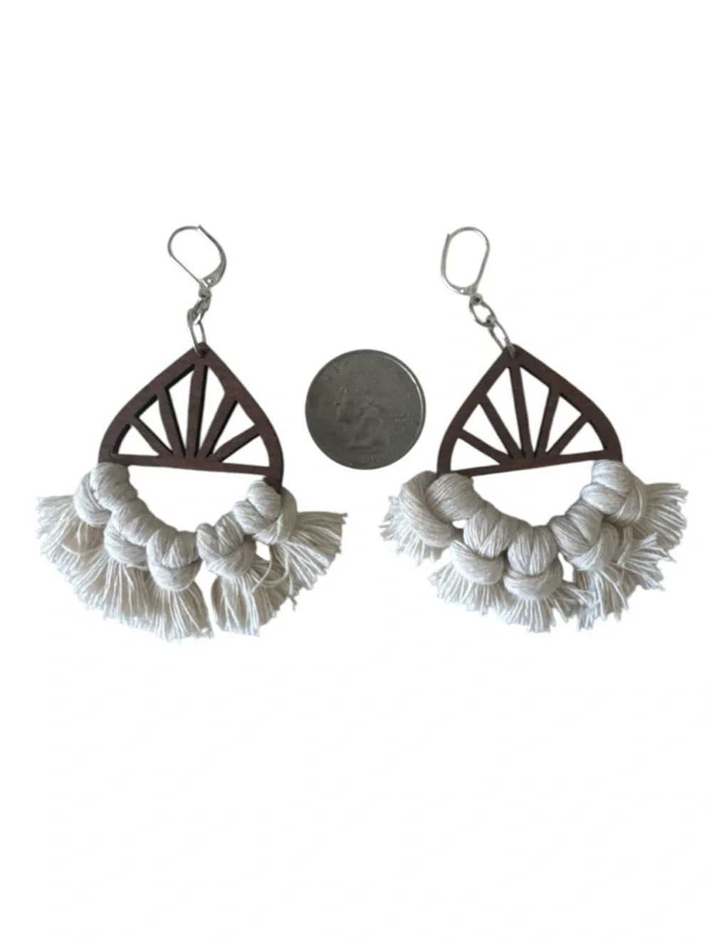 Boho Wood Tassel Statement Fringe Earrings Ivory Brown OS Size